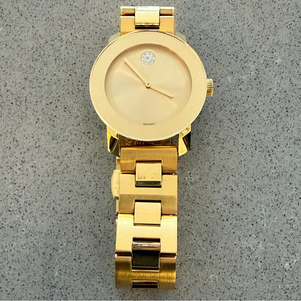 Movado Women's BOLD All Gold Stainless Steel Crystal Dot 36mm Watch New Battery